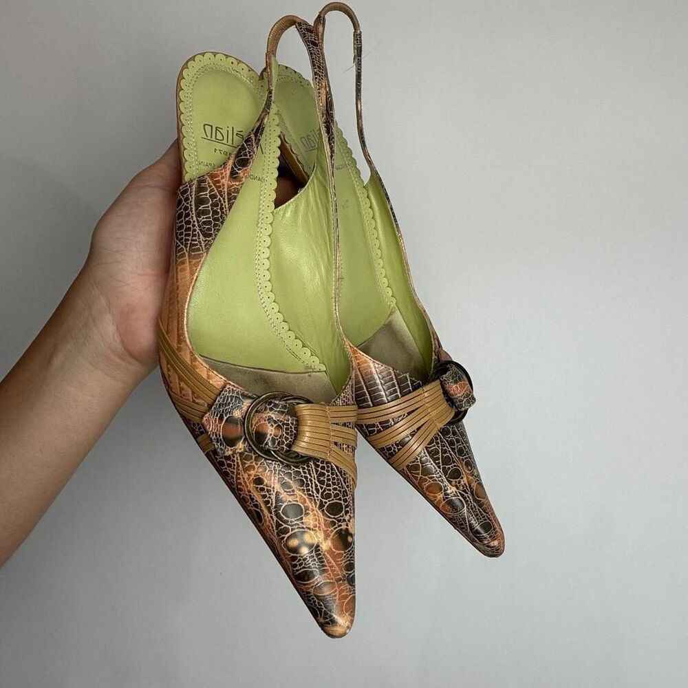 Melian Vintage 90s Y2K Brown Croco Leather Pointed Toe Kitten Heels